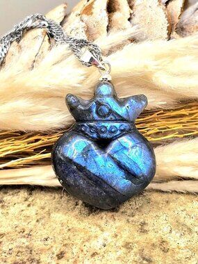 Natural Labradorite Heart With Crown Pendant Necklace